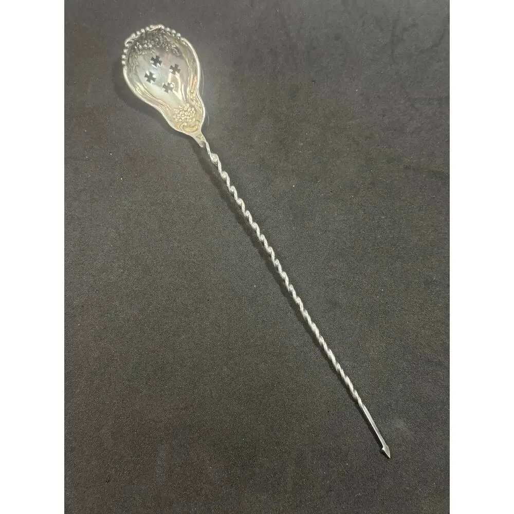 Antique Sterling Olive Cocktail Spoon Floral Decoration Twist Handle